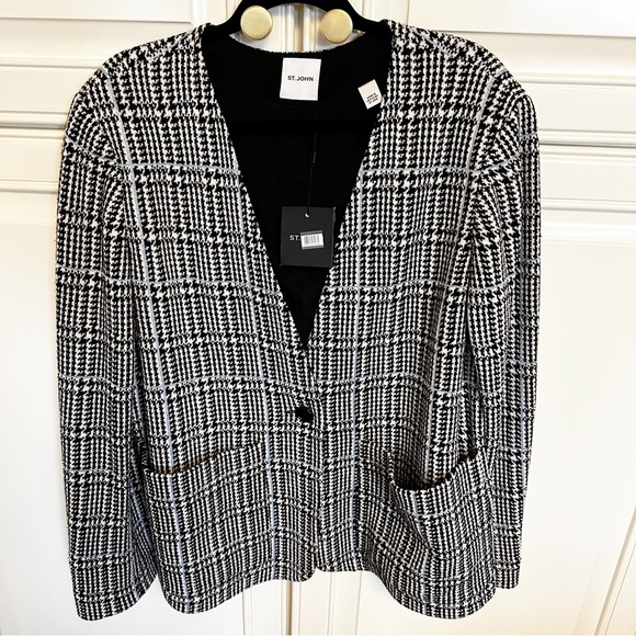 St John Collection Prince of Wales Plaid Check Knit Wool Blend Plus Size Blazer - Picture 6 of 16